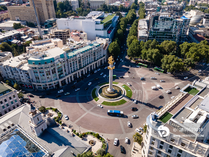 Tbilisi, Georgia. Liberty Monument Depicting St George Slaying The Dragon And Tbilisi City Hall In Freedom Square In City Center. Famous Landmark