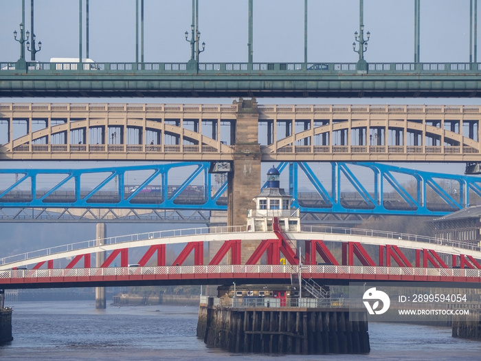 Newcastle Upon Tyne, England, United Kingdom. The bridges over the river Tyne at different levels (Tyne, High, Swing and Queen Elizabeth II bridges)