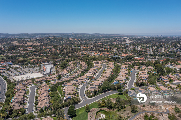 Aerial view of master planned homes in the hills of Orange County California.