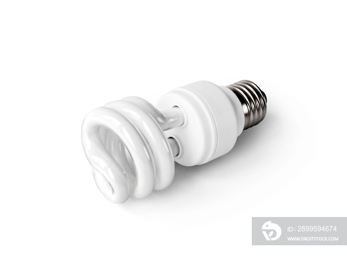 Energy saving fluorescent light bulb on white background