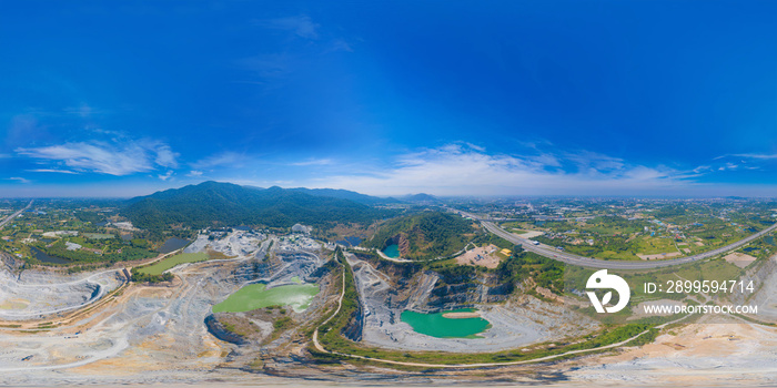 360 panorama by 180 degrees angle seamless panorama of aerial view of machine excavator trucks dig coal mining or ore in quarry in factory industry. Environment resources.