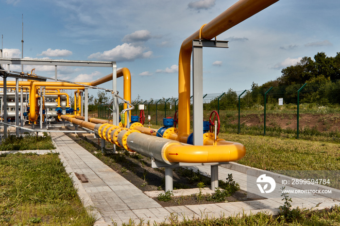 Gas industry, gas transport system. Gas pipeline. Gas pipes, stop valves and appliances for gas pumping station