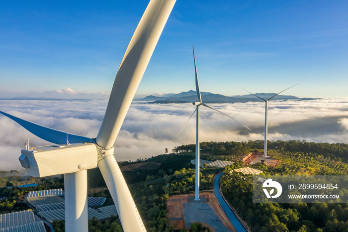 Aerial view of wind farm at Cau Dat town, Dalat, Lam Dong, Vietnam