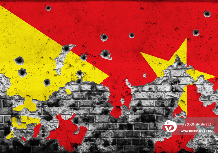 Concept of the Armed Conflict in Region of Tigray in Ethiopia with a painted flag on a cracked wall with wholes of bullets. 3D-Illustration. 3D-rendering