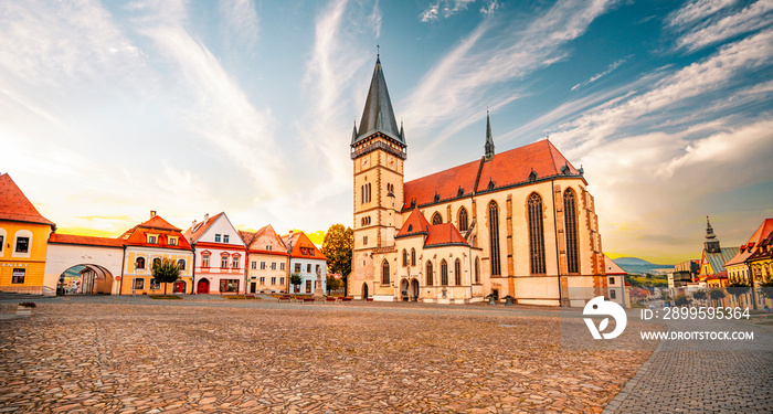 Row of Houses on the town hall square in Bardejov, Slovakia.  UNESCO old city. Ancient medieval historical square Bardejov