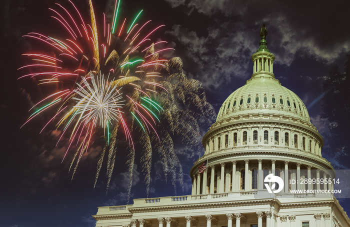 Fireworks rising over Capitol Hill with Washington DC Capitol American congress