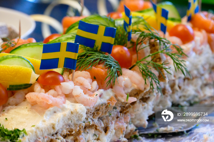 STOCKHOLM, SWEDEN Celebretory smörgåstårta with shrimp and salmon. Literally a sandwhich cake.