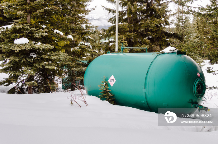 Green Propane Tank in a Snowy Yard