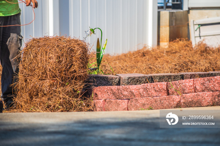 Bales of pinestraw laying beside a driveway flowerbed with brick edging and a white fence while a landscaper works in the background