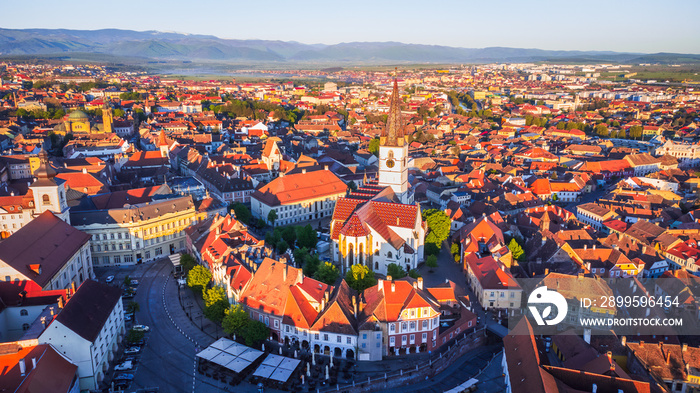 Sibiu, Romania. Aerial sunrise view of oldtown, Lesser Square.