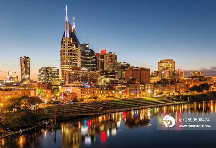 Nashville Skyline from John Seigenthaler Pedestrian Bridge at Dusk