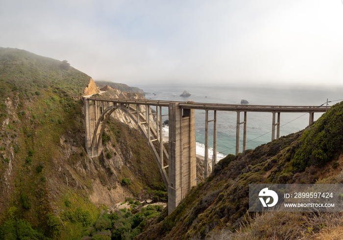 Big Sur California coast, Bixby bridge, beach, rocks, clouds, and surfing waves