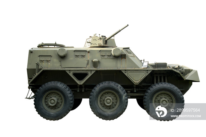 Old armored personnel carrier on a unified platform battle isolated on a white background.