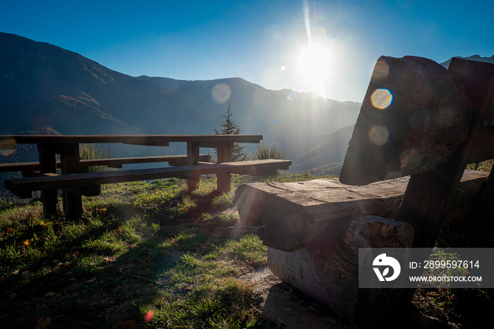 Picturesque perfect picnic table location at sunset in National park