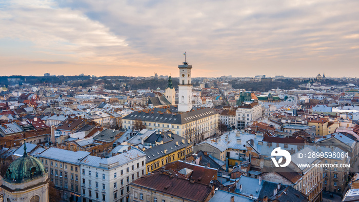 aerial view of sunset above lviv city