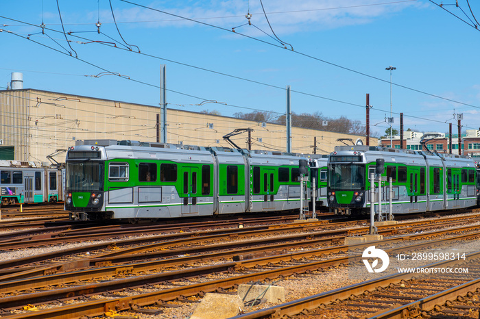 Boston Metro MBTA Green Line Type 9 modern fleet by CAF USA at Riverside terminal station, Newton, Massachusetts MA, USA.