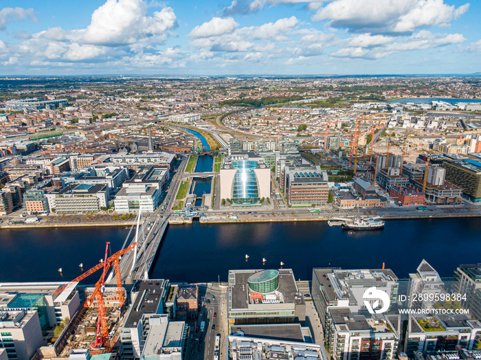 Aerial view on the channel part of Dublin near the port at the autumn