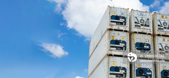 Refrigerated containers.  Cargo container yard. cargo shipping container box in logistic shipping yard. Marine and carrier insurance concept