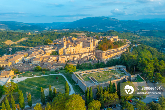 Sunset view over Italian town Urbino