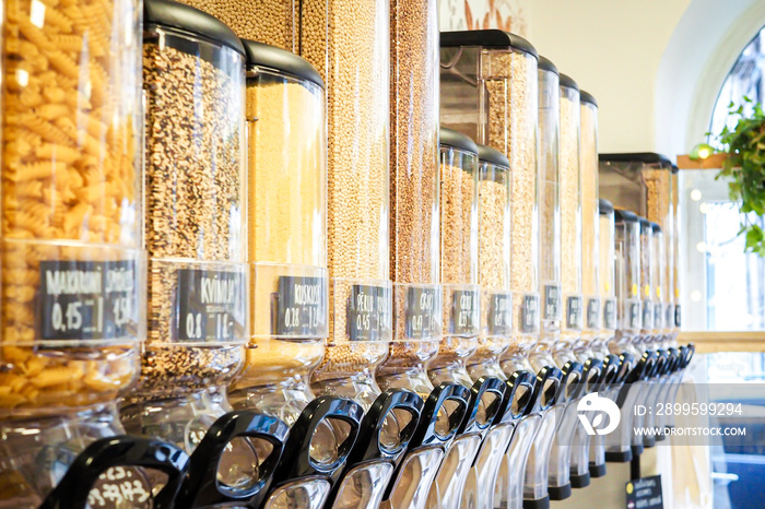 Bulk dry food dispensers at zero waste shop