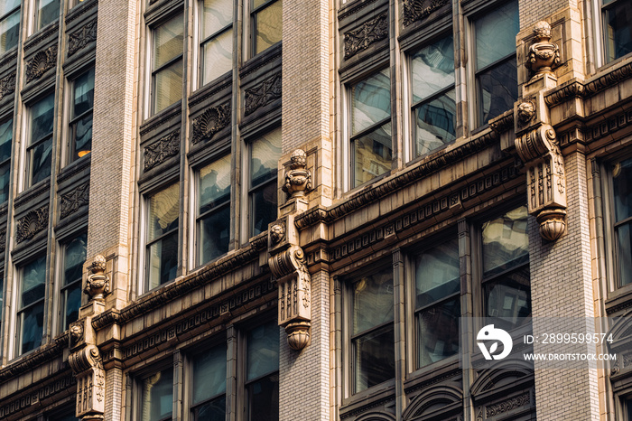 Close view of ornament on the building exterior of 257 Park Avenue South building in Gramercy Park neighborhood New York City