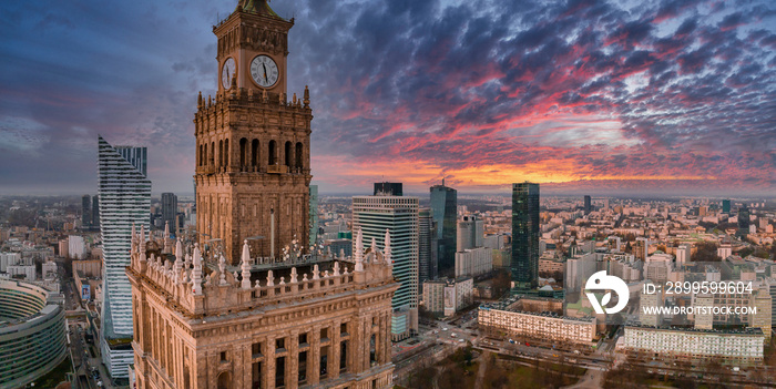 Aerial view of Palace of Culture and Science and downtown business skyscrapers in Warsaw, Poland.