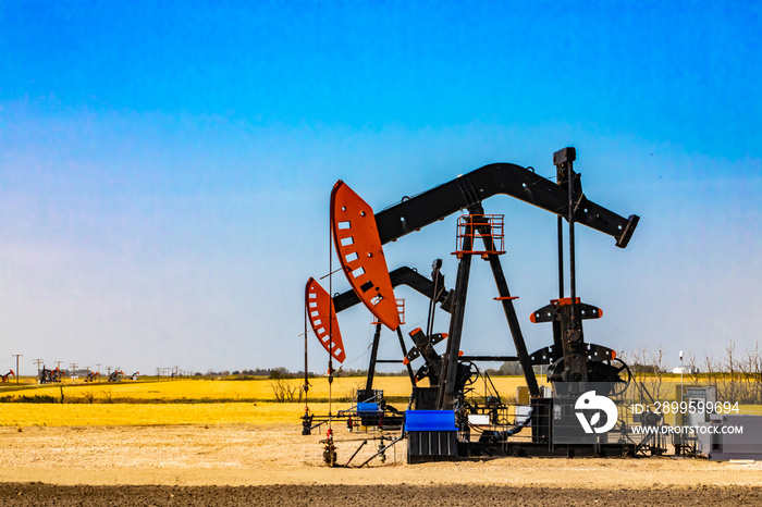 Late summer view of two modern oil wells with working nodding heads, against a background of golden crop fields and vibrant blue sky. Copy space to left