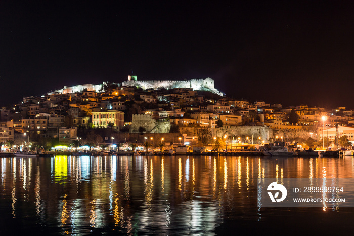 Amazing night photo of embankment and old town of Kavala, East Macedonia and Thrace, Greece