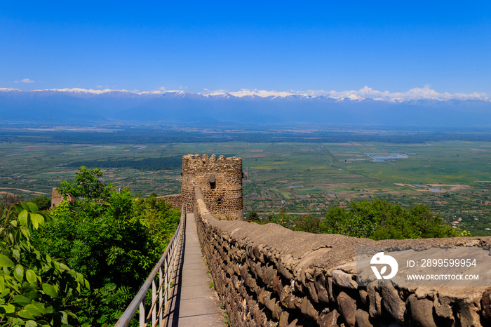 View on Alazani valley and tower of old city wall in city Sighnaghi, Kakheti, Georgia