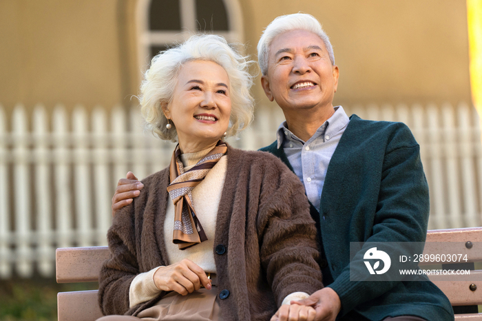 幸福的老年夫妇坐在长椅上