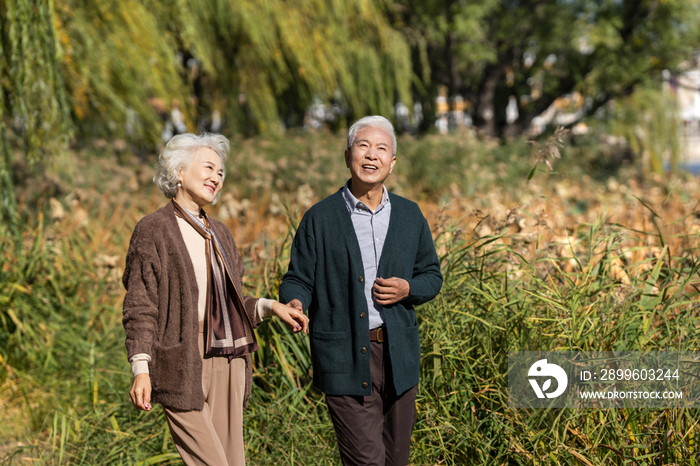 户外散步的幸福老年夫妇