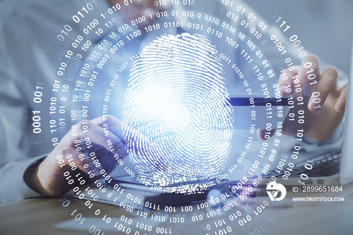 Double exposure of man hands holding a credit card and fingerprint drawing. Security in E-commerce c