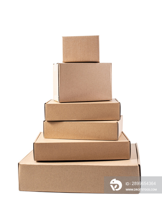 Bunch of blank courier box paper boxes on white background