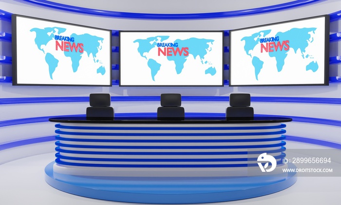 blue table and lcd background in a news studio room.3d rendering.