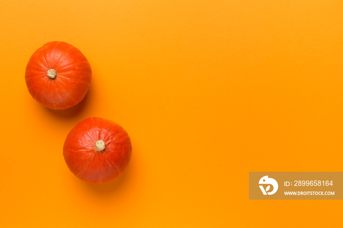 Pumpkins on color background, top view