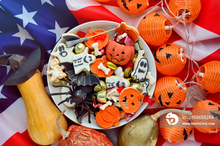 Halloween Jack o Lantern candy bowl with candy and halloween cookies Trick or Treat on patriotic ame