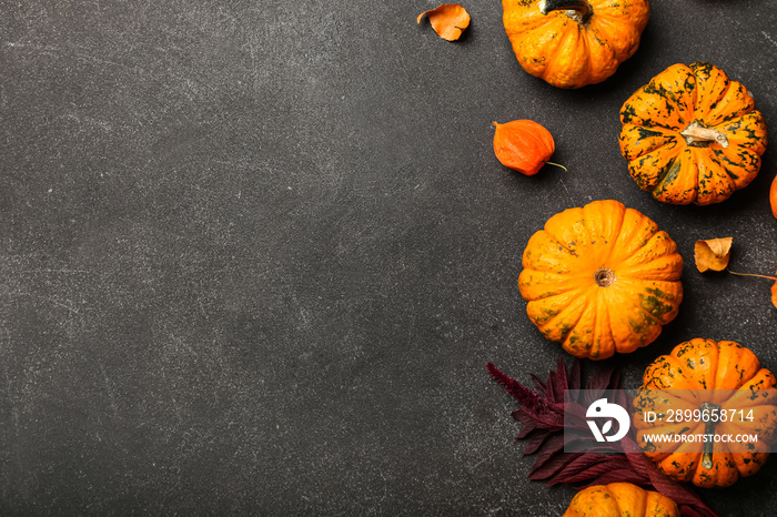 Autumn composition with pumpkins on dark background