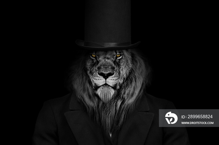 Man in the form of a Lion face , The lion person , animal face isolated black white