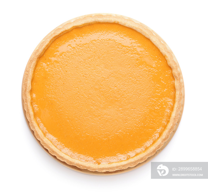 Tasty pumpkin pie on white background, top view