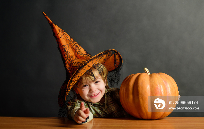 Halloween party. Kid trick or treat. Boy dressed up trick or treating. Preparation Halloween holiday