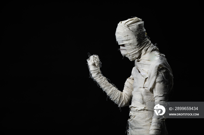 Studio shot portrait  of young man in costume  dressed as a halloween  cosplay of scary mummy pose l