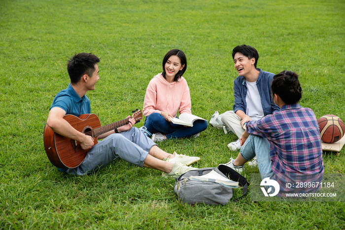 两对大学生情侣在草地上约会