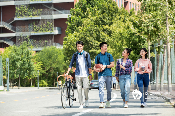 阳光下快乐的大学生在校园里步行