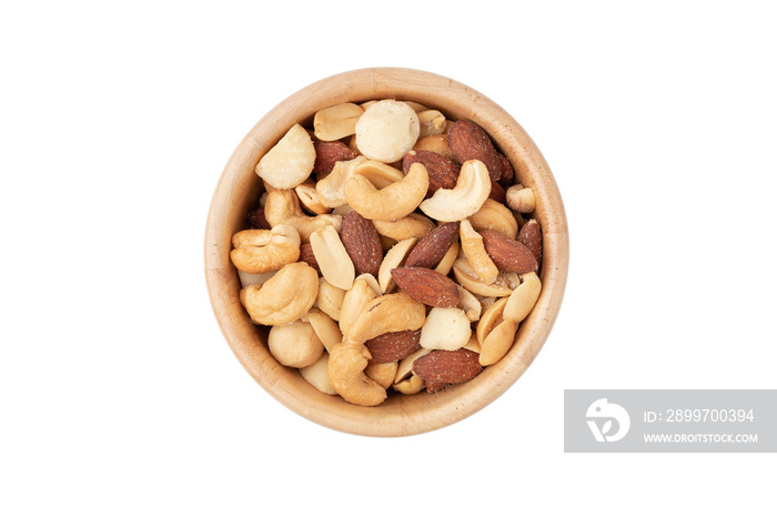 mixed nuts in white wooden bowl isolated on white background.