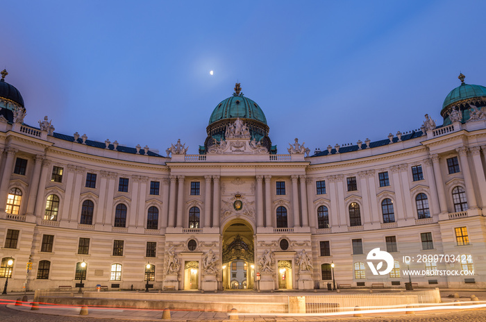 Spanische Hofreitschule (Spanish Riding School) on Michaelerplatz in Vienna, Austria in the night