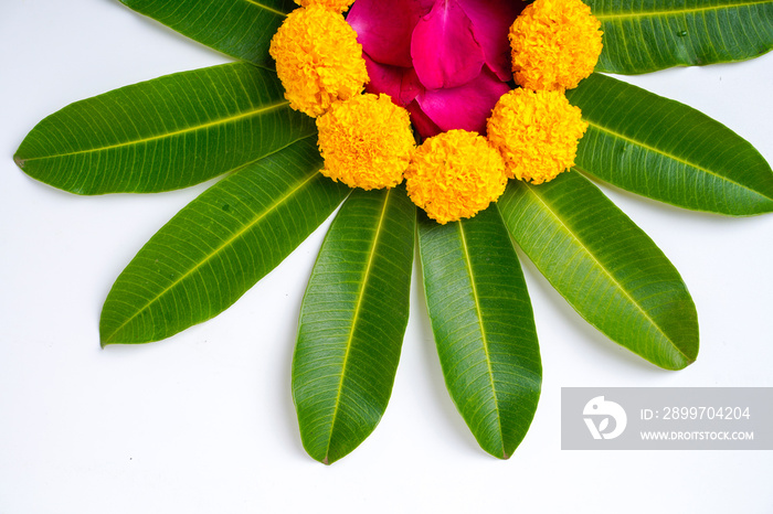 Marigold Flower rangoli Design for Diwali Festival , Indian Festival flower decoration