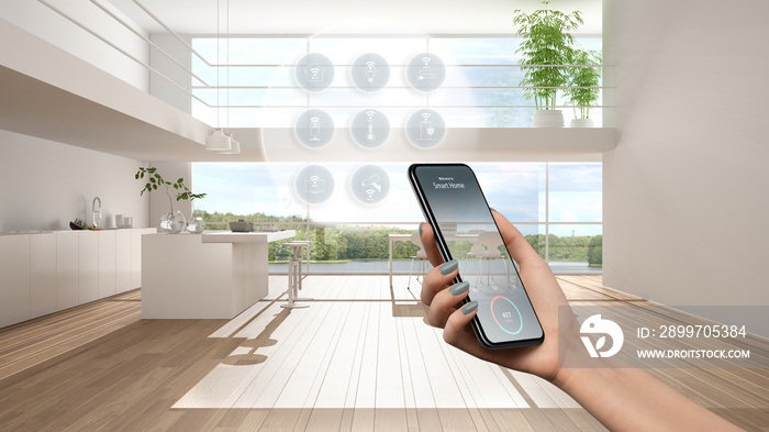 Smart home technology interface on phone app, augmented reality, internet of things, interior design