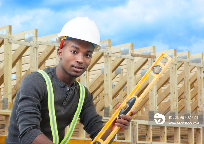 construction worker on site holding level with white helmet