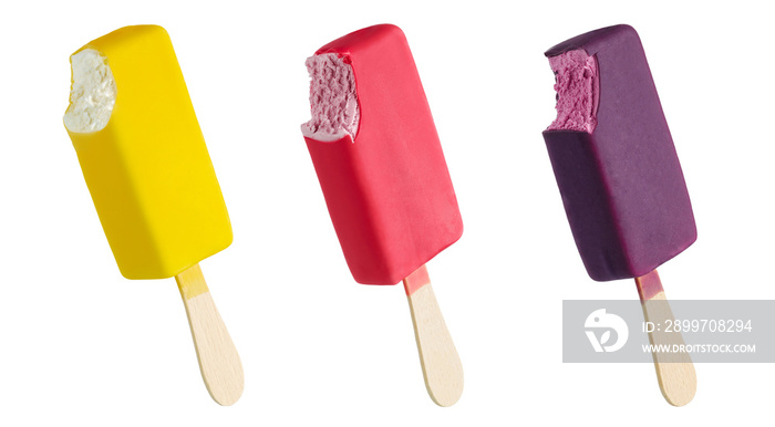 Bitten yellow, pink and purple ice cream bar on a stick isolated on white