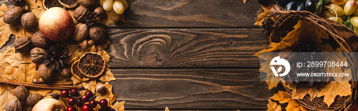 top view of autumnal harvest and decoration on brown wooden background, panoramic shot